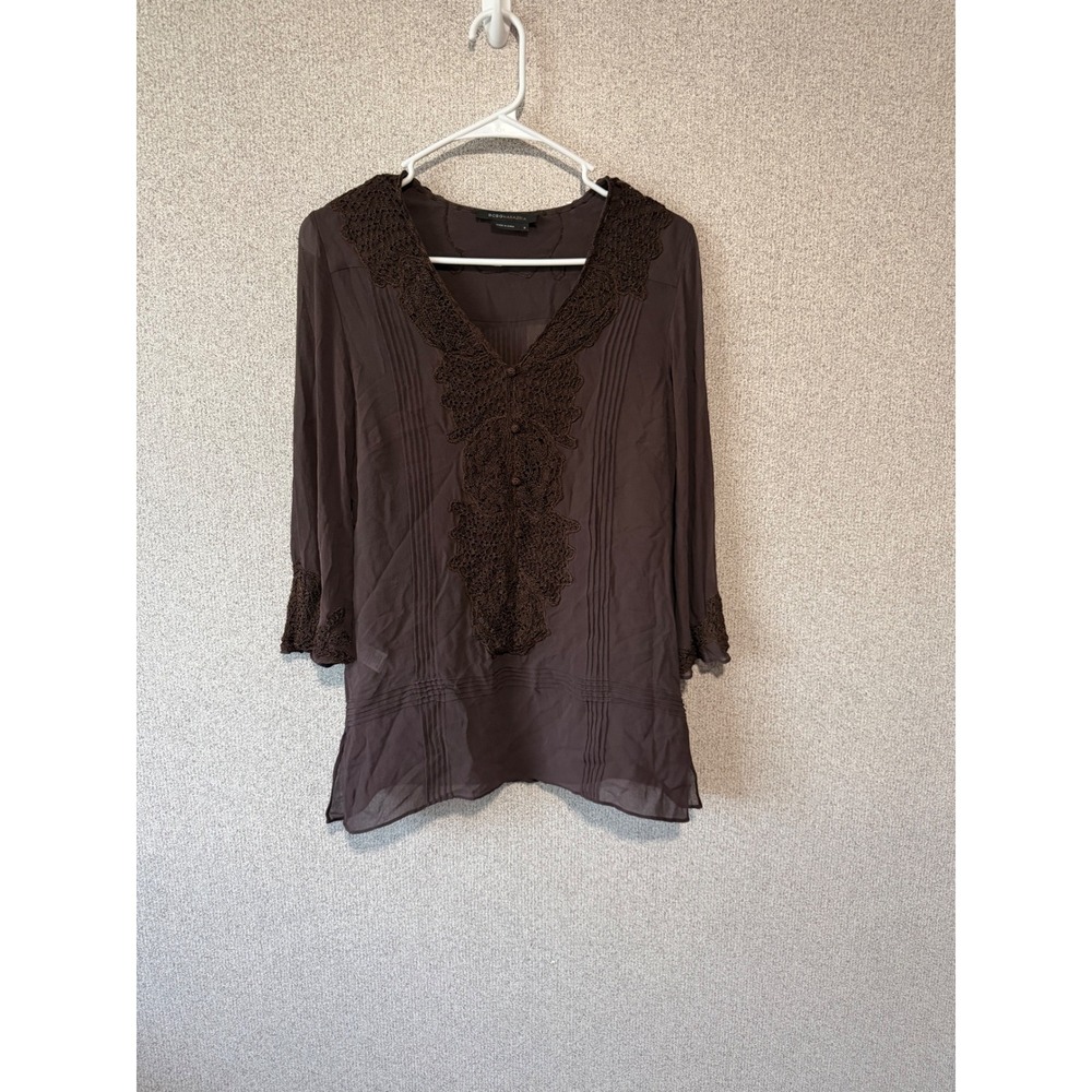BCBGMAXAZRIA Brown Silk Lace Crochet Pintuck V-Neck Blouse Top Womens Small